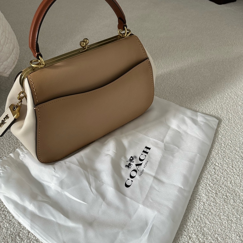 Coach Tan and Cream Satchel with Structured Shape Gold Hardware TAG initial CMM